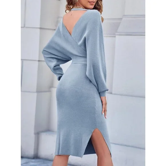 Women blue Wrap Maxi Sweater Dress V Neck Batwing Slit Open Back Bodycon Belt - Picture 4 of 7